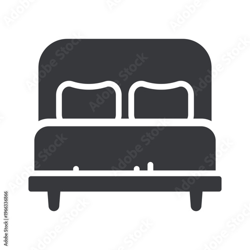 Isolated monochrome pictogram of bed with sheet and pillow representing bedroom, accommodation, hotel, motel, rest, and sleeping facility symbol