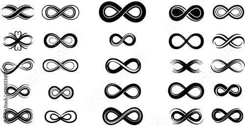 Diverse Collection of Black Vector Infinity Symbols. Set of 49 Unique Design Elements in Various Styles, Representing Eternity, Love, and Endless Possibilities.