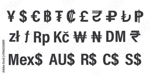 Isolated bundle icons of world currency representing international money exchange, global finance, trade transactions, and economic connection across countries and markets