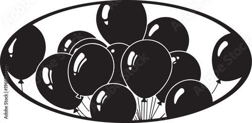 Black Balloons Floating in Oval Shape on White Background
