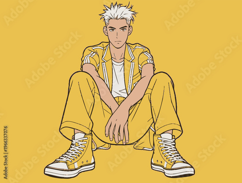 Young man in yellow outfit sitting on the ground with a serious expression against a bright yellow background