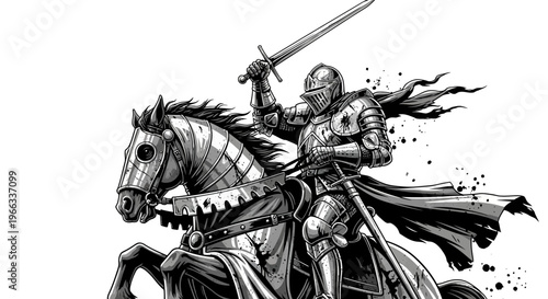 Medieval Knight Riding Horseback With Sword.