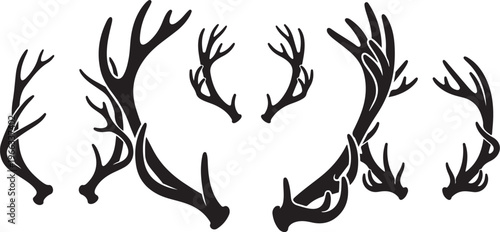 Collection of black antler silhouettes on white background illustration