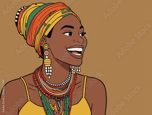 Woman with colorful head wrap and jewelry smiles brightly against a plain background