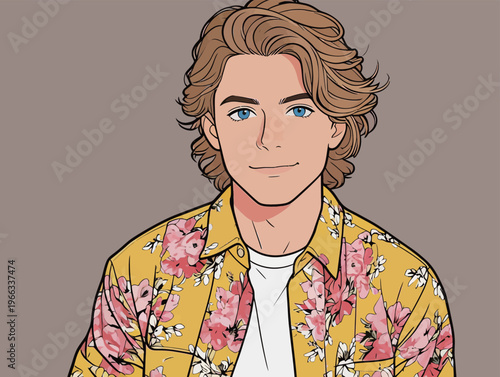 Young man wearing a floral shirt and looking at the viewer with a friendly expression in a simple background setting