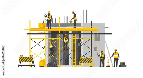 Construction workers on scaffolding site. Vector Illustrations. EPS Editable