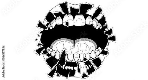 Teeth and mouth with broken skin.