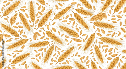 Golden wheat ears and grains seamless pattern on white background