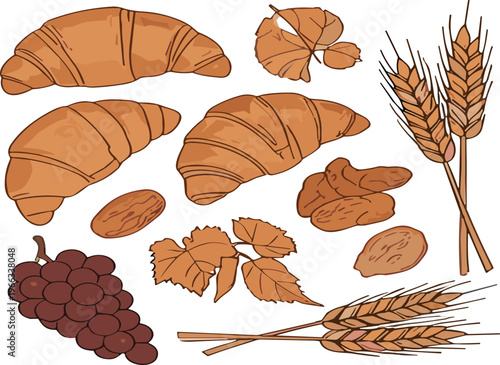 Bakery collection with croissants wheat grapes and grains hand drawn food vector illustration set isolated on white background
