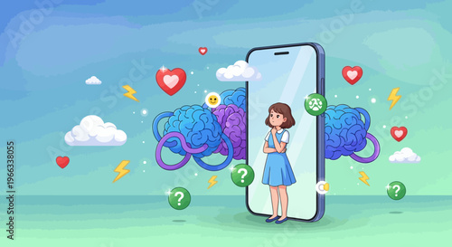 Woman standing next to large smartphone.