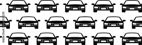 High-contrast vector pattern of dense traffic with stacked cars, headlights, windows, and grilles clean minimalist black and white illustration
