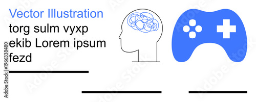Neuroscience, gaming, education, mental agility, technology, entertainment. Illustration of a brain profile and game controller. Neuroscience and gaming as interconnected ideas