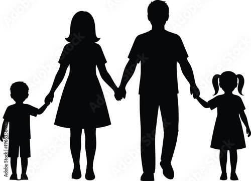 Black, silhouette, of, a, happy, family, with, father, mother, son, and, daughter, holding, hands, walking, forward, on, isolated, white, background.