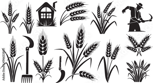 Farm tools and wheat silhouettes on white background illustration