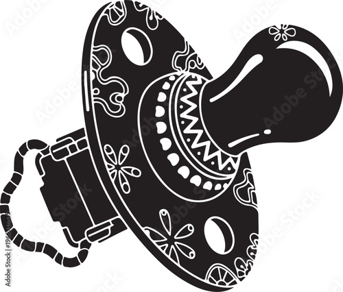 Black and White Illustration of Decorative Baby Pacifier Closeup