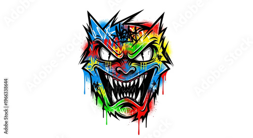 Aggressive Monster Face Graffiti Art - Wild, Scary, Colorful Design