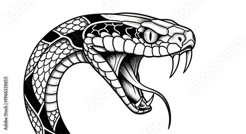 Aggressive Snake Head Tattoo Design, Striking Viper with Fangs and Tongue