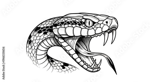 Aggressive Snake Head with Fangs and Forked Tongue, Black and White Illustration