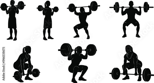 Black, silhouette, set, of, male, and, female, athletes, performing, various, weightlifting, exercises, with, barbells, for, fitness, and, strength, training, graphics.