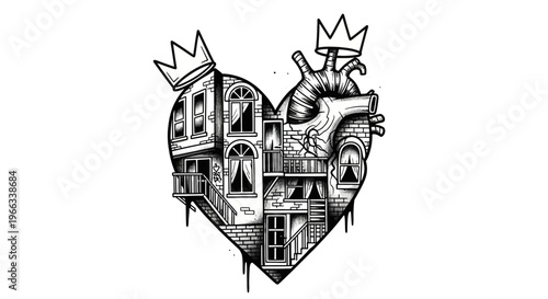 Anatomical Heart House with Crowns, Black and White Drawing
