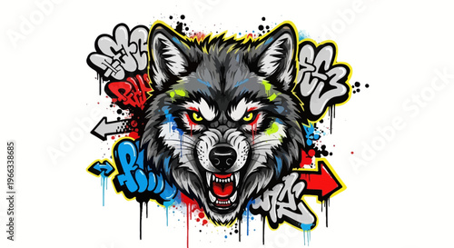 Aggressive Wolf Head Graffiti Art with Spray Paint Splatters