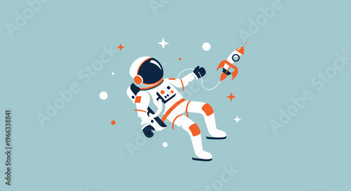 Astronaut floating in space with a rocket, stars, and planets
