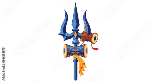 Blue Trishul Trident Symbol of Lord Shiva with Damaru Drums