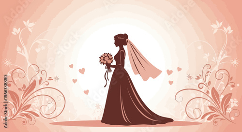 Bridal Silhouette with Bouquet and Veil on Romantic Floral Background