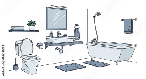 Bathroom Interior Sketch - Toilet, Sink, Bathtub, and Accessories.