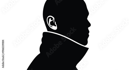 Minimalist vector graphic design depicting a man's profile silhouette with a distinct ear and collared attire.