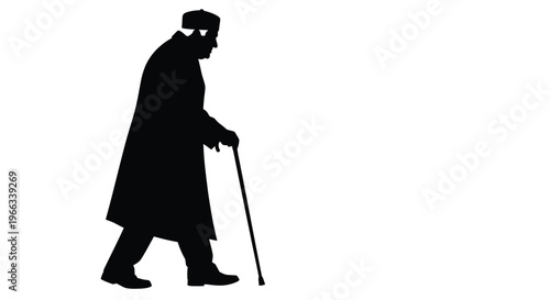 Silhouette vector graphic illustration of an elderly man wearing a coat and hat walking with a cane