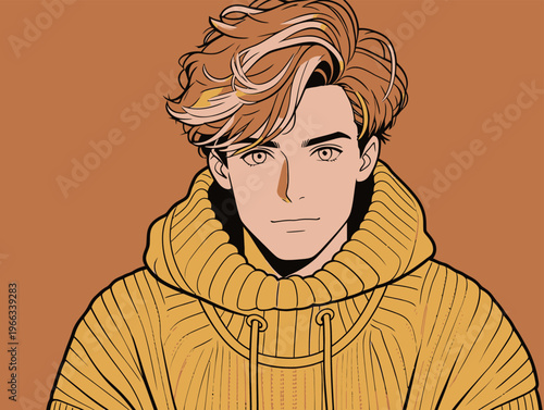 Portrait of a young man wearing a yellow hoodie with tousled hair against a brown background
