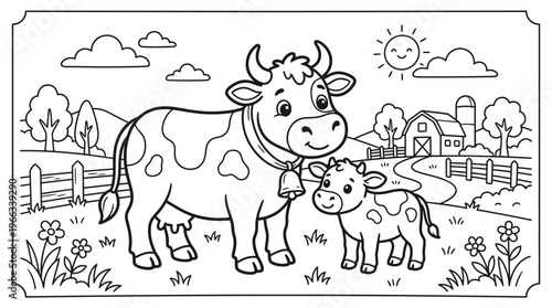 Smiling Cow and Calf Standing Together.