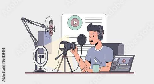 Content Creator with Camera, Microphone, Ring Light, and Laptop