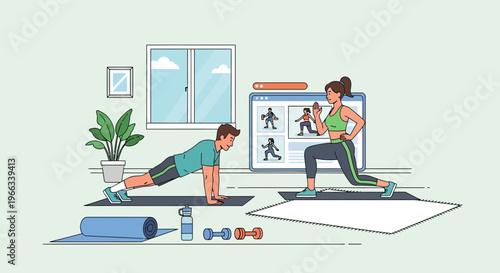 Couple doing online fitness workout at home, healthy lifestyle, exercise