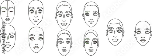 Female face outline collection with different hairstyles and makeup minimal line art beauty vector illustration set isolated on white background