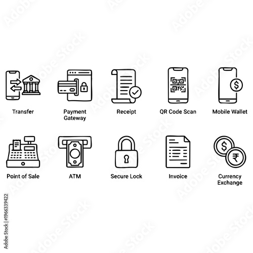 Comprehensive collection of outline icons representing various financial transactions, digital payment methods, banking services, and secure money management for modern business applications.