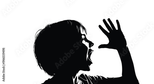 Vector graphic illustration of a person screaming with a raised hand, expressing intense emotion and distress.