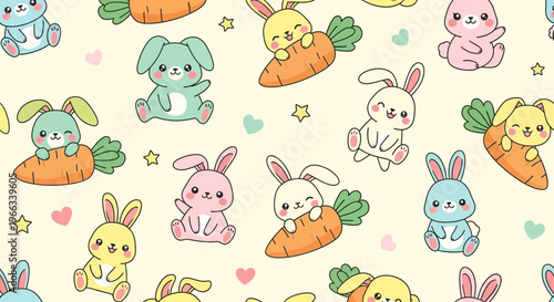 Cute Kawaii Bunnies and Carrots Seamless Pattern - Adorable Easter & Spring Theme