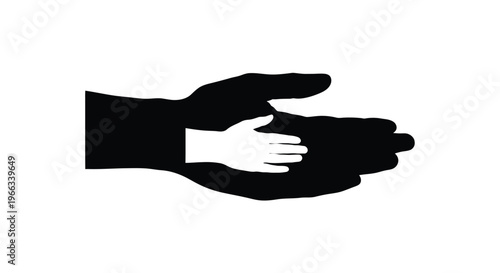 Simple vector graphic illustration showing a small white hand cradled securely within a large contrasting black hand shape