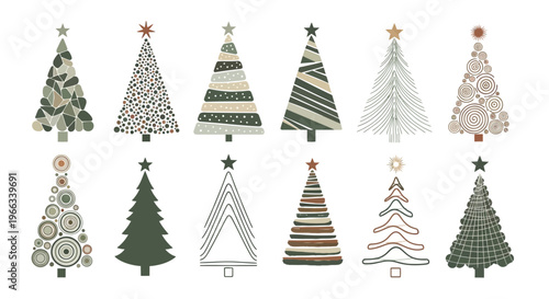 Modern Christmas tree collection with abstract geometric patterns on white background