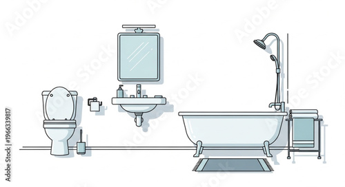 Bathroom Interior with Toilet, Sink, Bathtub and Shower.