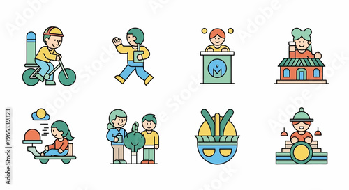 Diverse People Icons: Activity, Education, Profession, Community, Transport