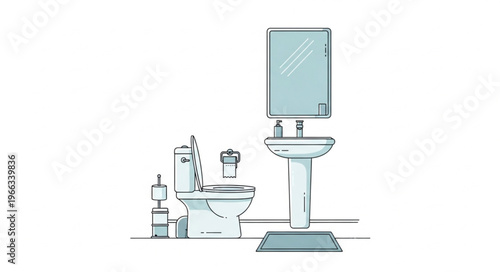 Bathroom Interior with Toilet, Sink, and Mirror Illustration.