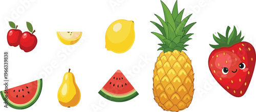 Fresh fruit collection with pineapple, strawberry, watermelon, apple, pear and lemon colorful vector illustration set