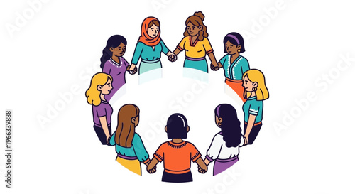 Diverse Women Holding Hands in Circle, Unity and Teamwork Concept
