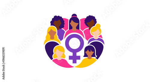 Diverse Women Unite Around Female Symbol: Feminism, Sisterhood, Equality