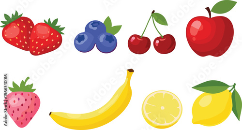 Fresh fruit icons collection with strawberry, blueberry, cherry, apple, banana and lemon colorful vector illustration set