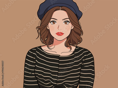 Woman in a striped shirt and beret looking at the viewer with long hair and light makeup in a simple background