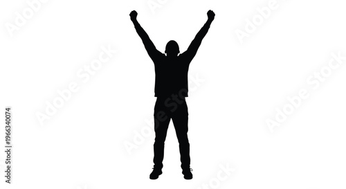 Silhouette illustration of a man standing with both arms raised high in a clear gesture of victory and celebration